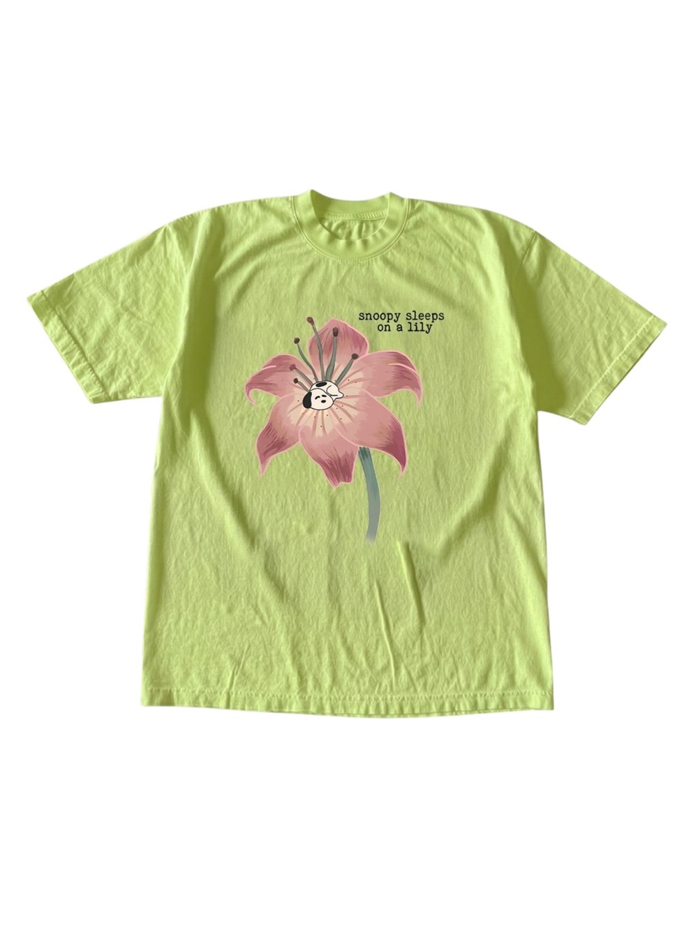 Snoopy Sleeps On A Lily Kiwi Green Cute Floral Cartoon Graphic T-Shirt